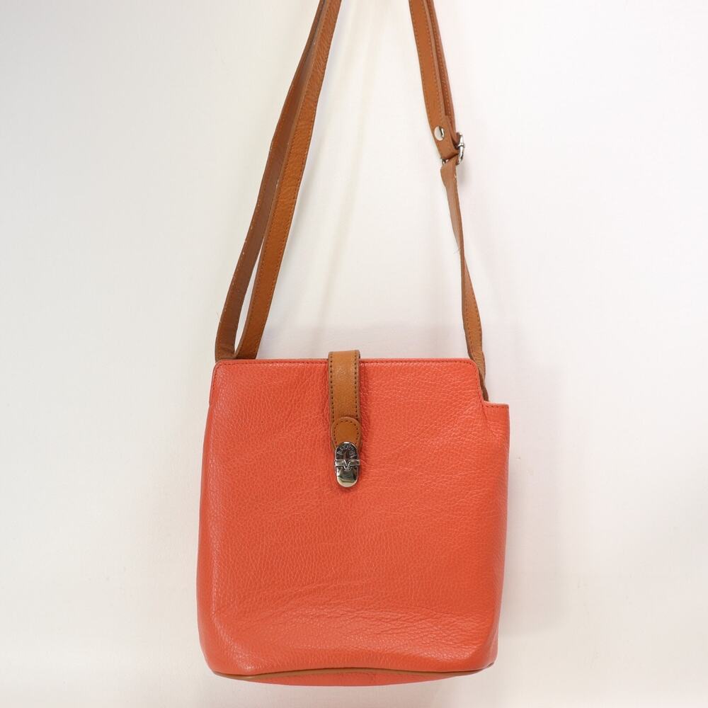 Valentina Crossbody Handbag Small Orange Brown Pebble Leather Silver Tone Bag